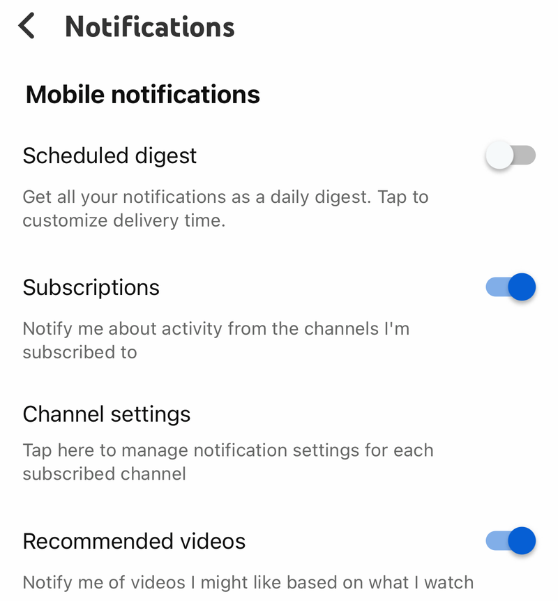 YouTube Notifications settings with Scheduled digest, Subscriptions and Recommended videos