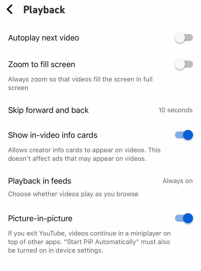 YouTube Playback settings on iPhone with Autoplay next video, Playback in feeds and Picture-in-picture