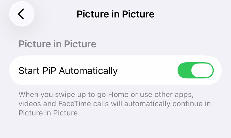iPhone Picture in Picture settings with the Start PiP Automatically switch turned on