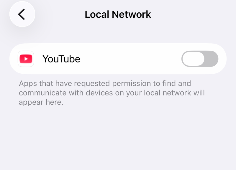 iPhone Local Network privacy screen with a switch for YouTube