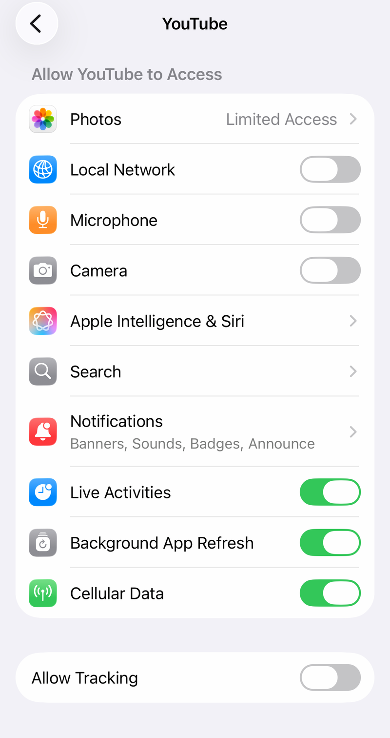 iPhone settings page for YouTube with Local Network, Background App Refresh and Cellular Data