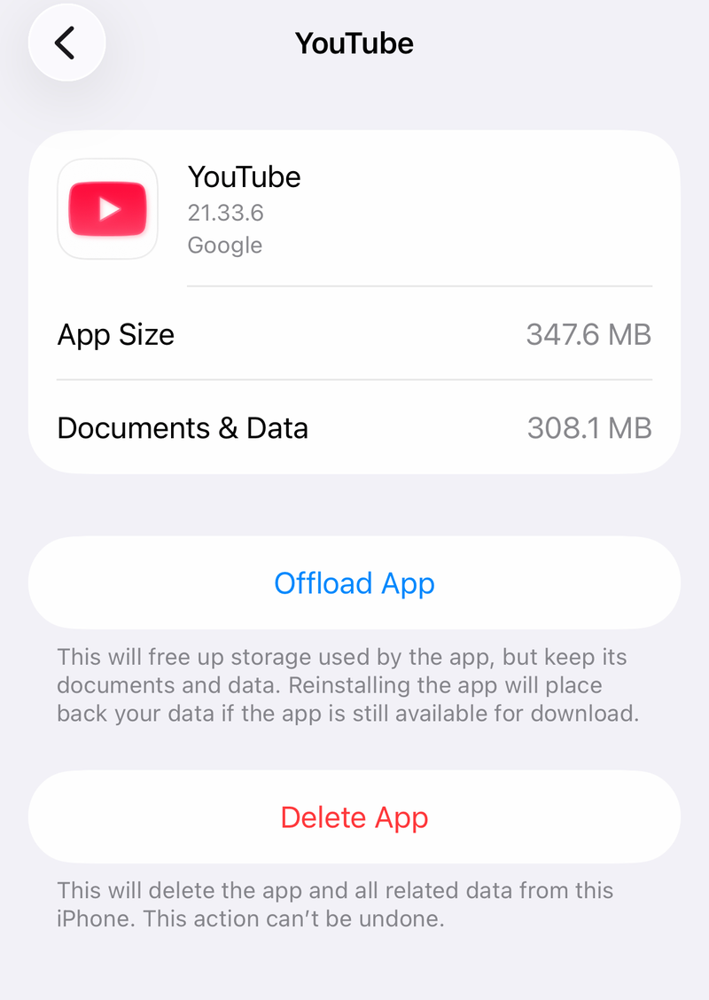 iPhone Storage page for YouTube with App Size, Documents and Data, Offload App and Delete App