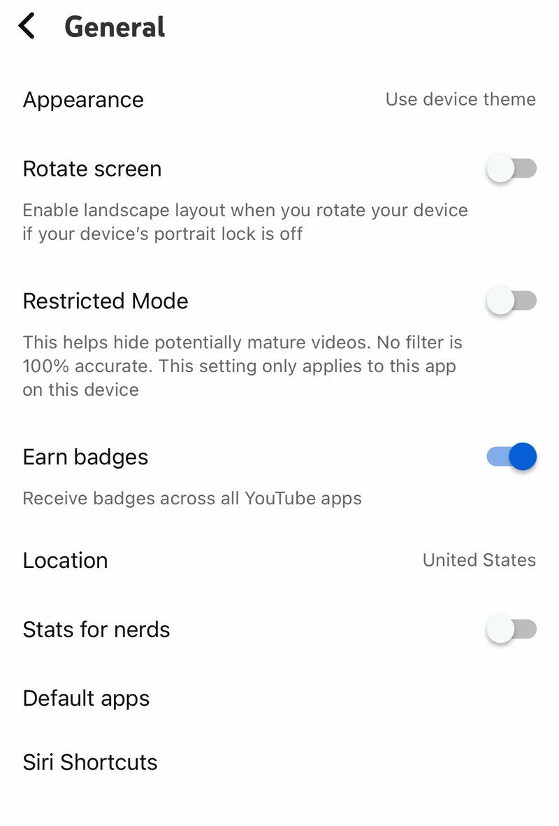 YouTube General settings on iPhone with Appearance, Restricted Mode, Location and Stats for nerds
