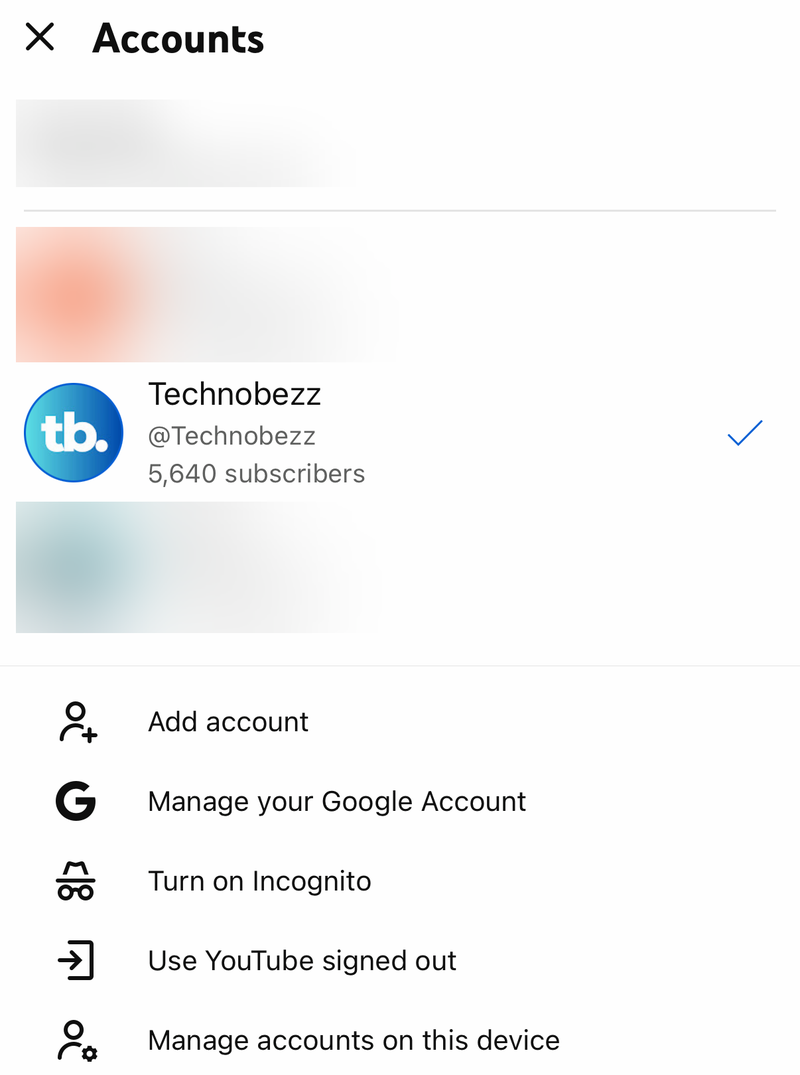 YouTube Accounts screen on iPhone with the Technobezz channel selected and Add account below