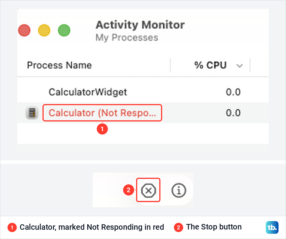 Activity Monitor with Calculator marked Not Responding in red, and the Stop button in its toolbar.