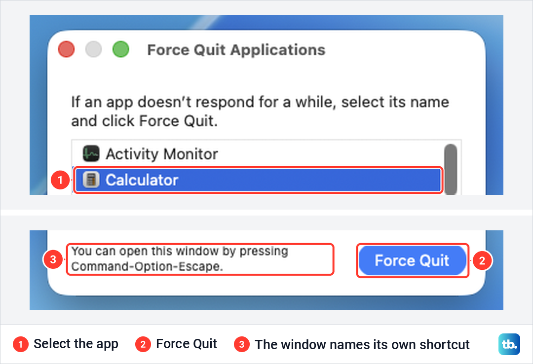 The Force Quit Applications window on macOS Tahoe 26.5 with Calculator selected, and its Force Quit button.