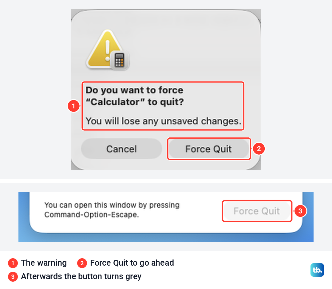 macOS asking Do you want to force Calculator to quit, above the Force Quit button greyed out afterwards.