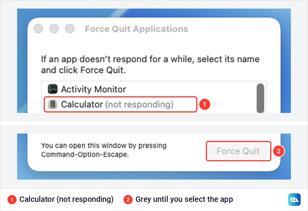 Force Quit Applications listing Calculator (not responding) in grey, with the Force Quit button greyed out.