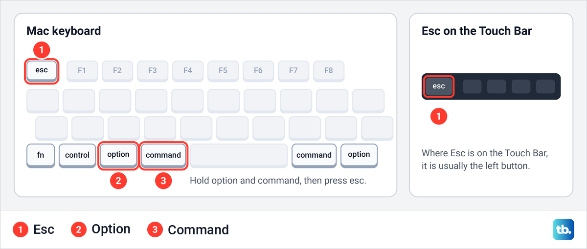 Drawing of a Mac keyboard and a Touch Bar with the Esc, Option and Command keys marked.