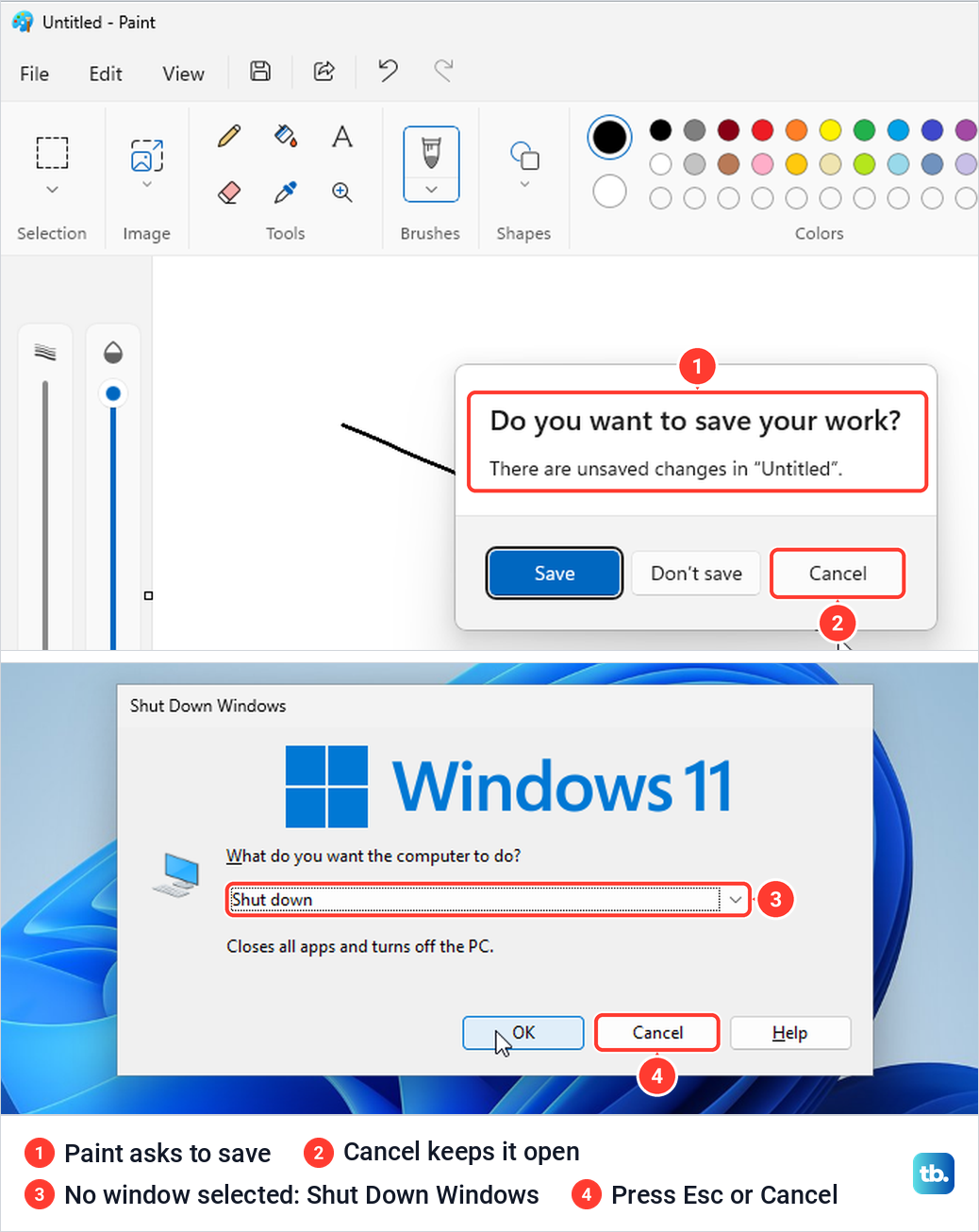 Paint asking Do you want to save your work after Alt + F4, above the Shut Down Windows box.