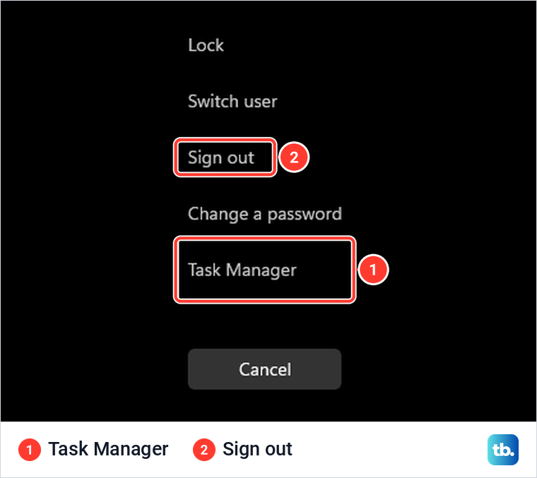 The Ctrl + Alt + Delete security screen with Task Manager highlighted below Change a password.