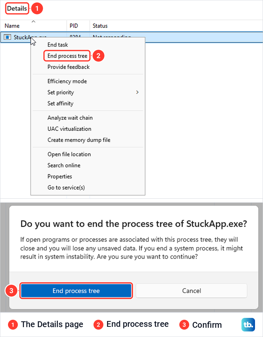 Task Manager Details page right-click menu with End process tree, and the confirmation box below it.
