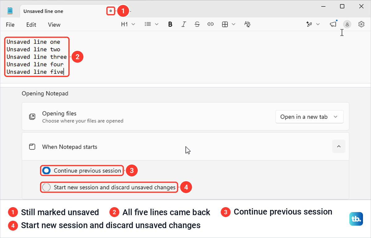 Notepad reopened after End task with five unsaved lines, above its When Notepad starts setting.