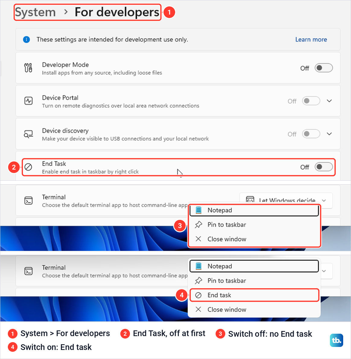 Settings For developers page with the End Task switch, above the taskbar menu without and with End task.