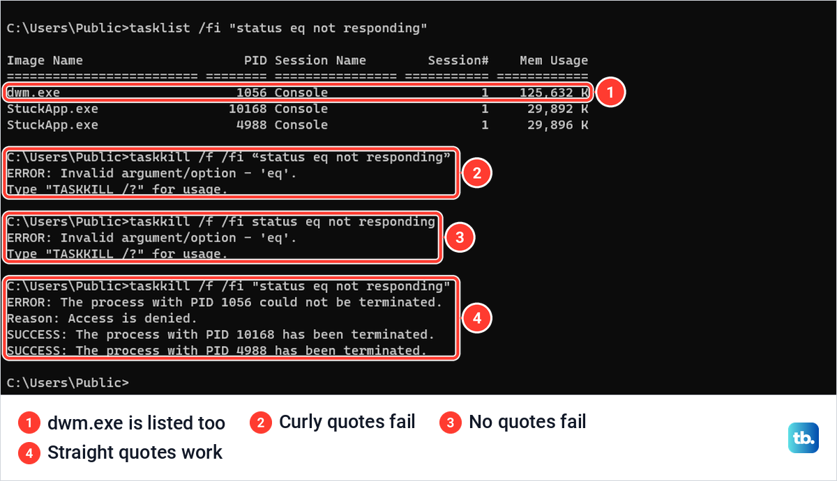 Command Prompt output of tasklist and taskkill with the not responding filter, using curly, no and straight quotes.