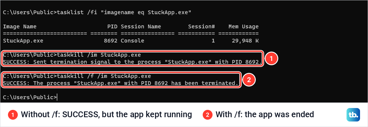Command Prompt output of taskkill without and with the /f switch on a frozen test app.