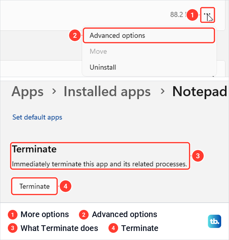 Installed apps in Settings with Notepad's Advanced options and the Terminate button on the next page.