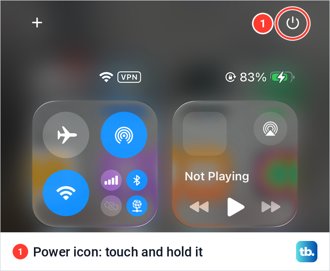The top of iPhone Control Center with the power icon at the top right marked in red.