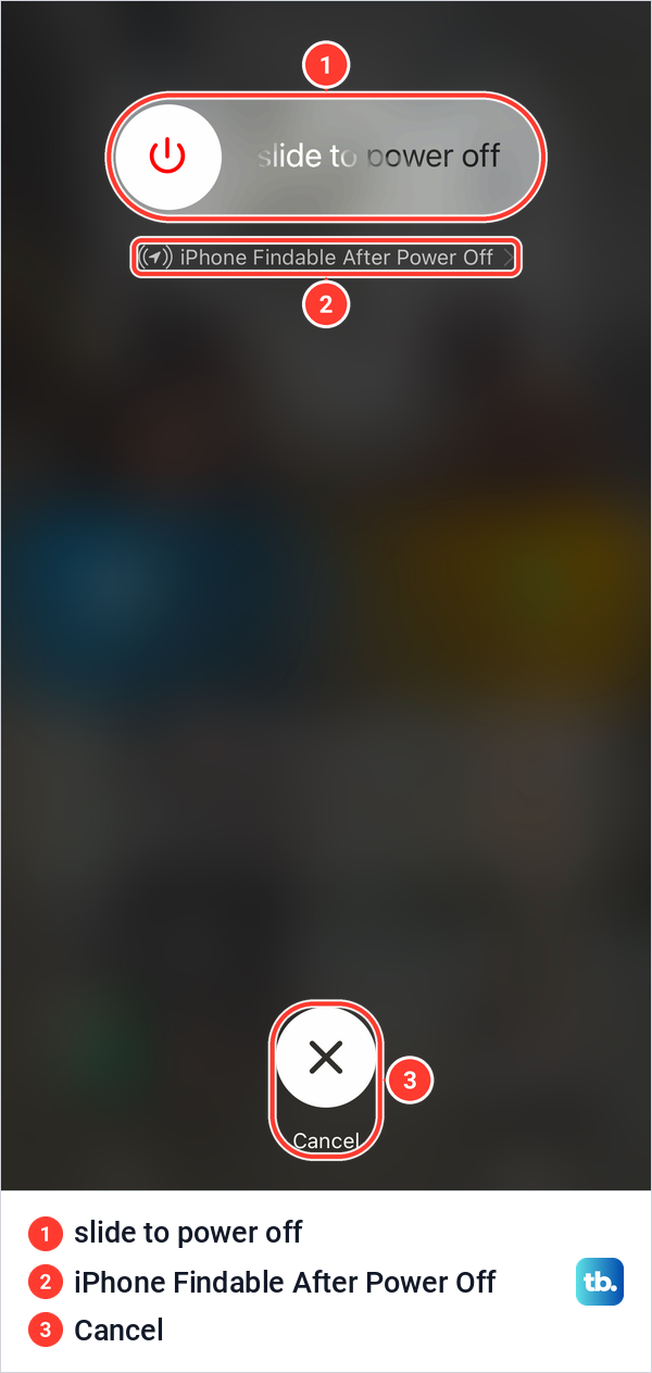 The iPhone power off screen with the slide to power off slider, the Findable line and a Cancel button.