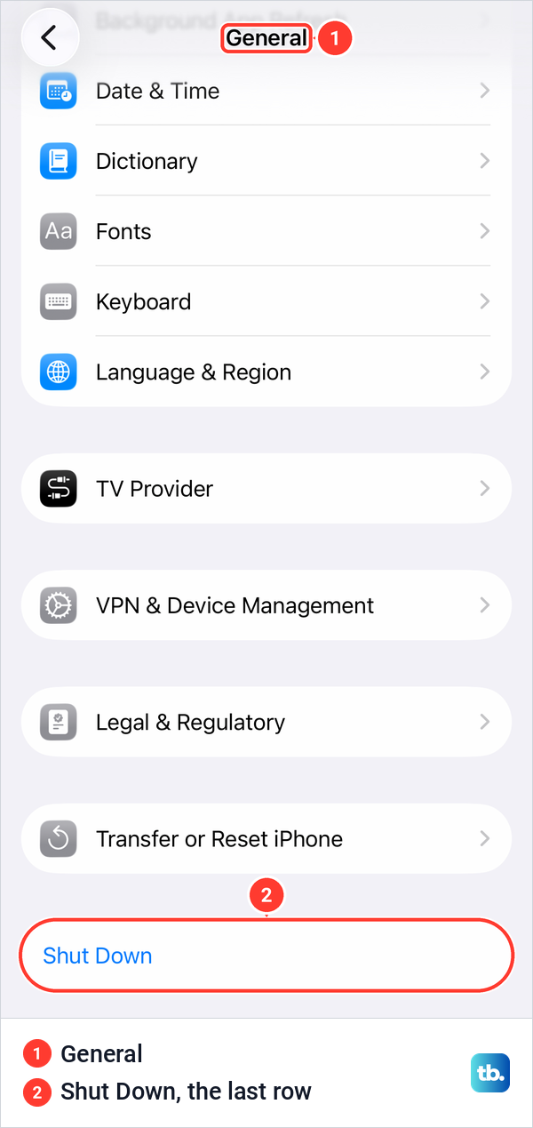 iPhone Settings General page scrolled to the bottom with the Shut Down row under Transfer or Reset iPhone.