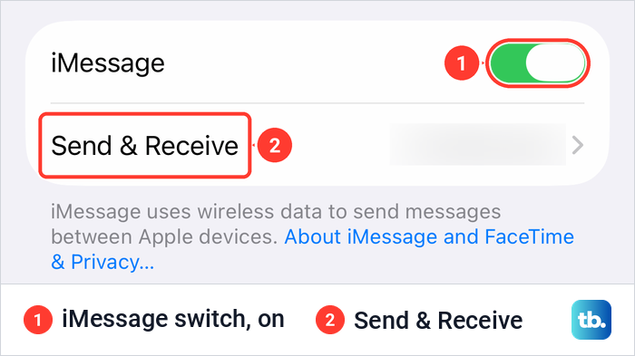 iPhone Messages settings with the iMessage switch on and the Send and Receive row below it.