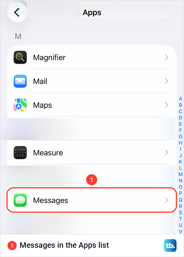 iPhone Settings Apps list on iOS 26.6 with the Messages row in the M section.