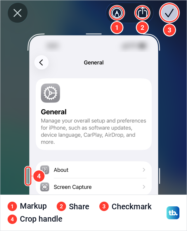 The iPhone screenshot editor on iOS 26.5 with Markup, Share and a checkmark at the top and crop handles around a Settings page.