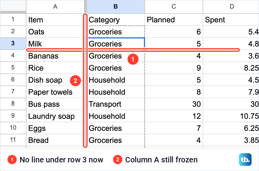 Google Sheets after choosing No rows, with no line under the rows and column A still frozen.