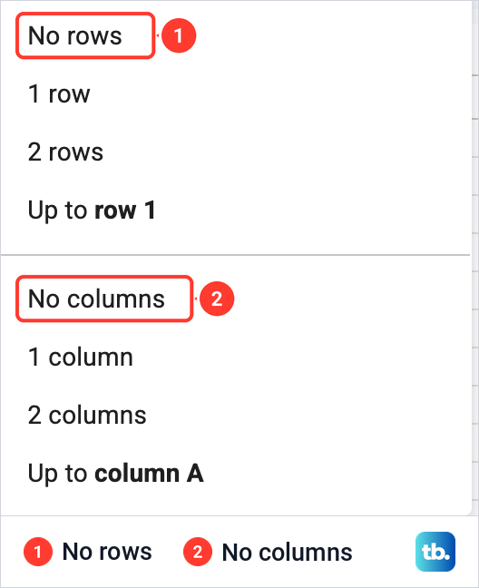 Google Sheets Freeze submenu with the No rows and No columns entries marked in its two groups.