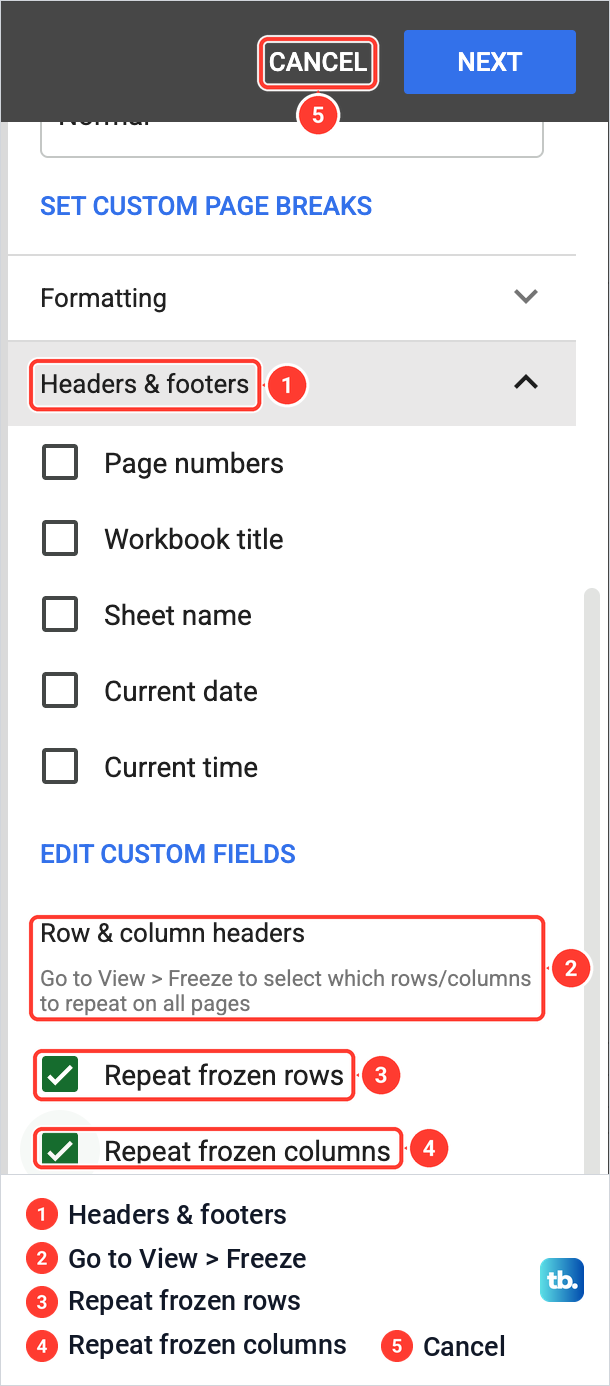 Google Sheets Print settings with Headers and footers open and both Repeat frozen rows and Repeat frozen columns ticked.