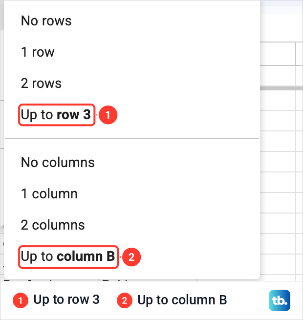 Google Sheets Freeze submenu showing Up to row 3 and Up to column B while cell B3 is selected.