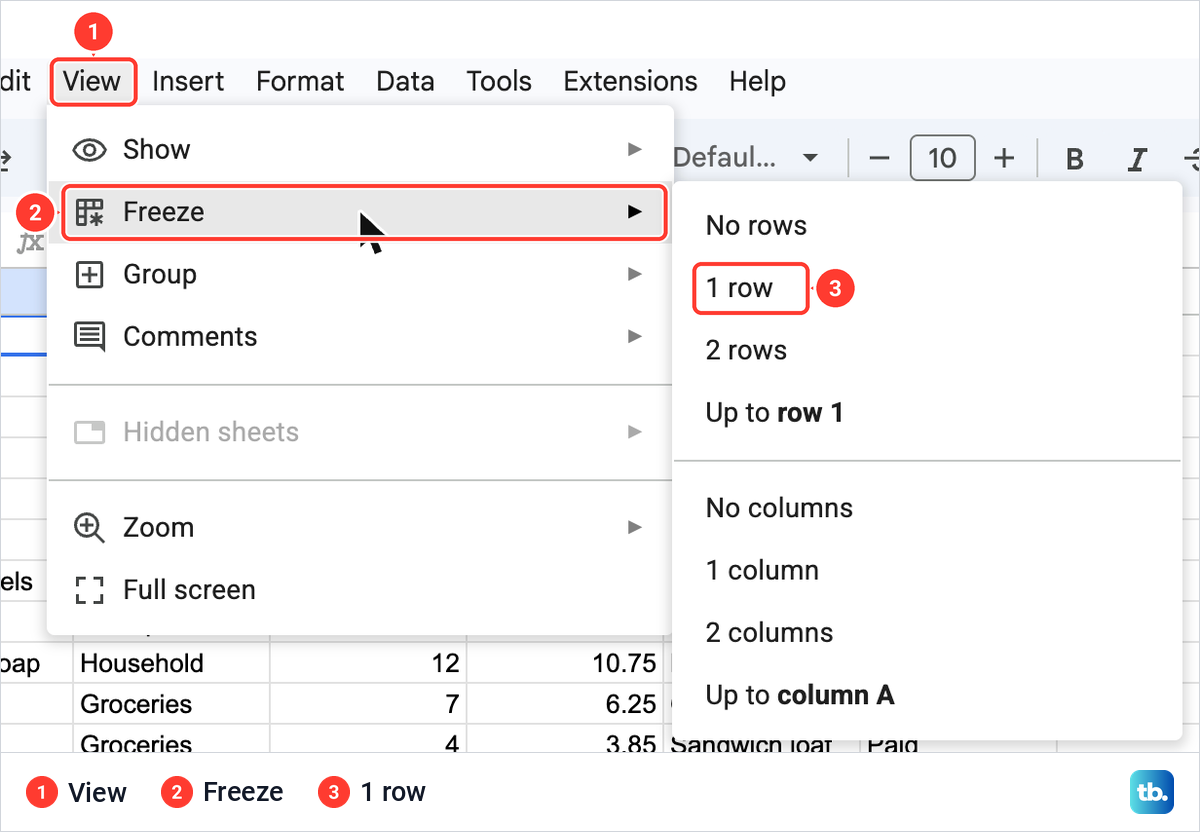 Google Sheets View menu open with Freeze highlighted and its submenu listing No rows, 1 row, 2 rows and Up to row 1.