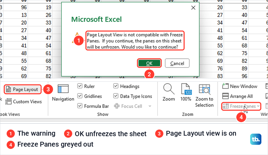 Excel warning that Page Layout View is not compatible with Freeze Panes, and the greyed Freeze Panes button