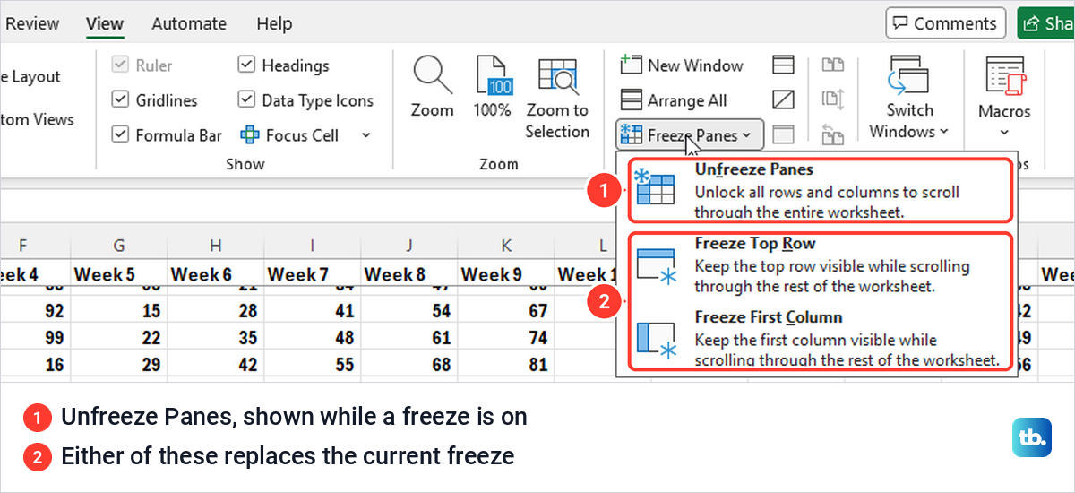 Excel Freeze Panes menu with Unfreeze Panes as its first item while a freeze is on