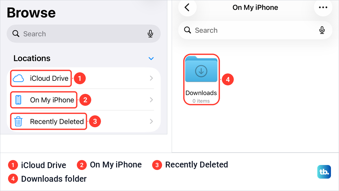The Files app Browse tab with iCloud Drive, On My iPhone and Recently Deleted, and the Downloads folder.