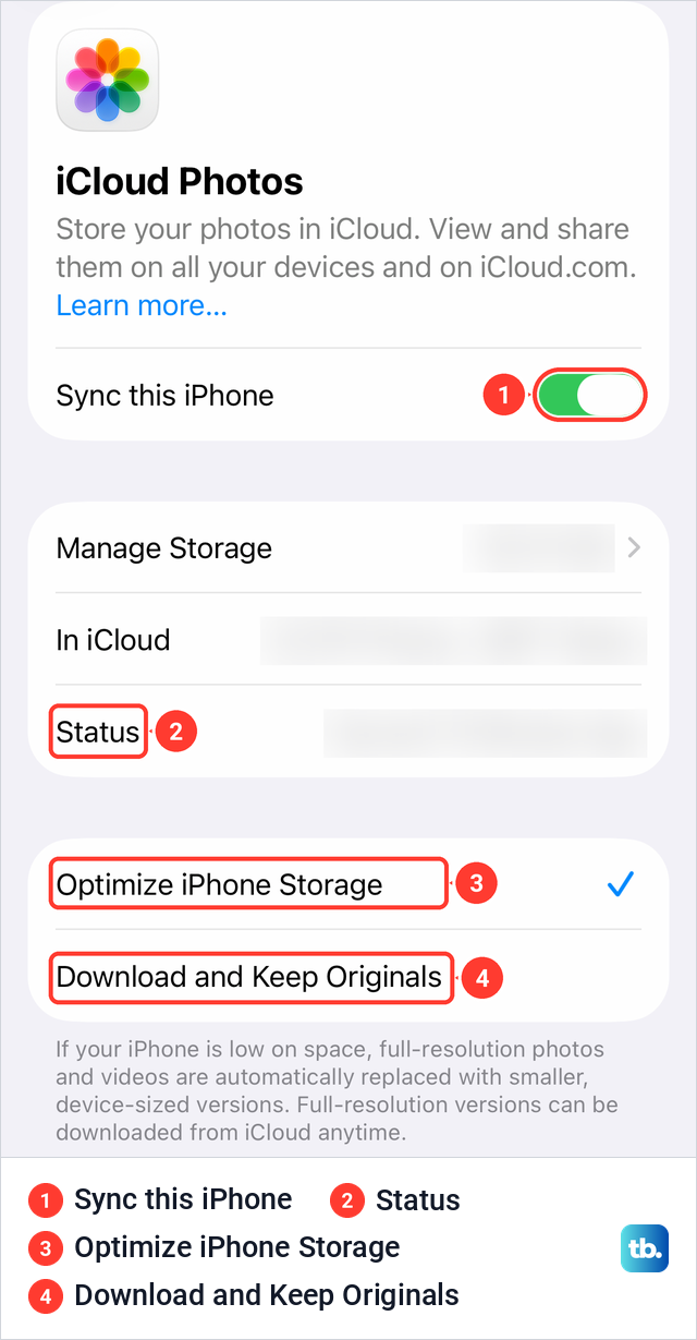 The iCloud Photos settings page on iPhone with Sync this iPhone on and Optimize iPhone Storage ticked.