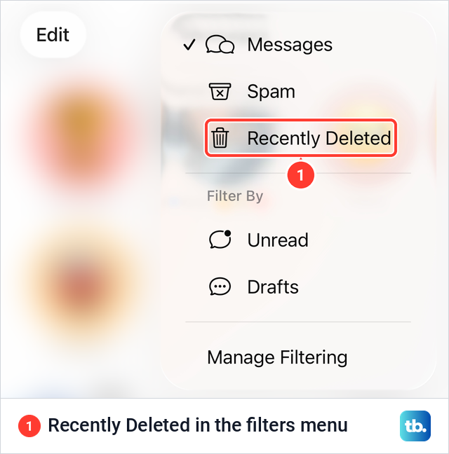 The Messages filters menu on iPhone with Recently Deleted listed below Messages and Spam.