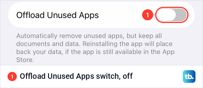 The Offload Unused Apps switch in the App Store settings on iPhone, turned off, with its footer text.