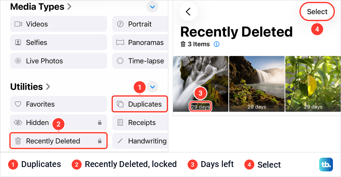 The Photos Collections tab with Duplicates and a locked Recently Deleted, then the Recently Deleted album with days left.