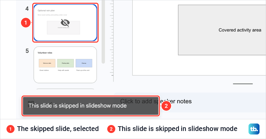 Google Slides editor with a skipped slide selected and the message This slide is skipped in slideshow mode at the lower left.