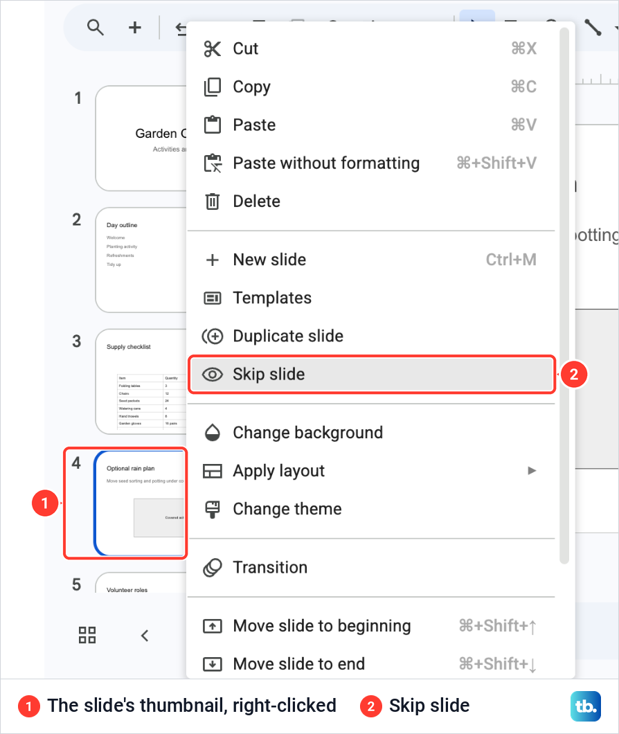 Google Slides filmstrip with the Optional rain plan thumbnail right-clicked and Skip slide highlighted in the menu.