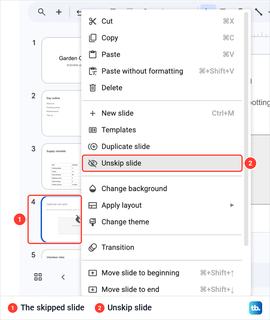 The right-click menu on a skipped Google Slides thumbnail with Unskip slide highlighted.