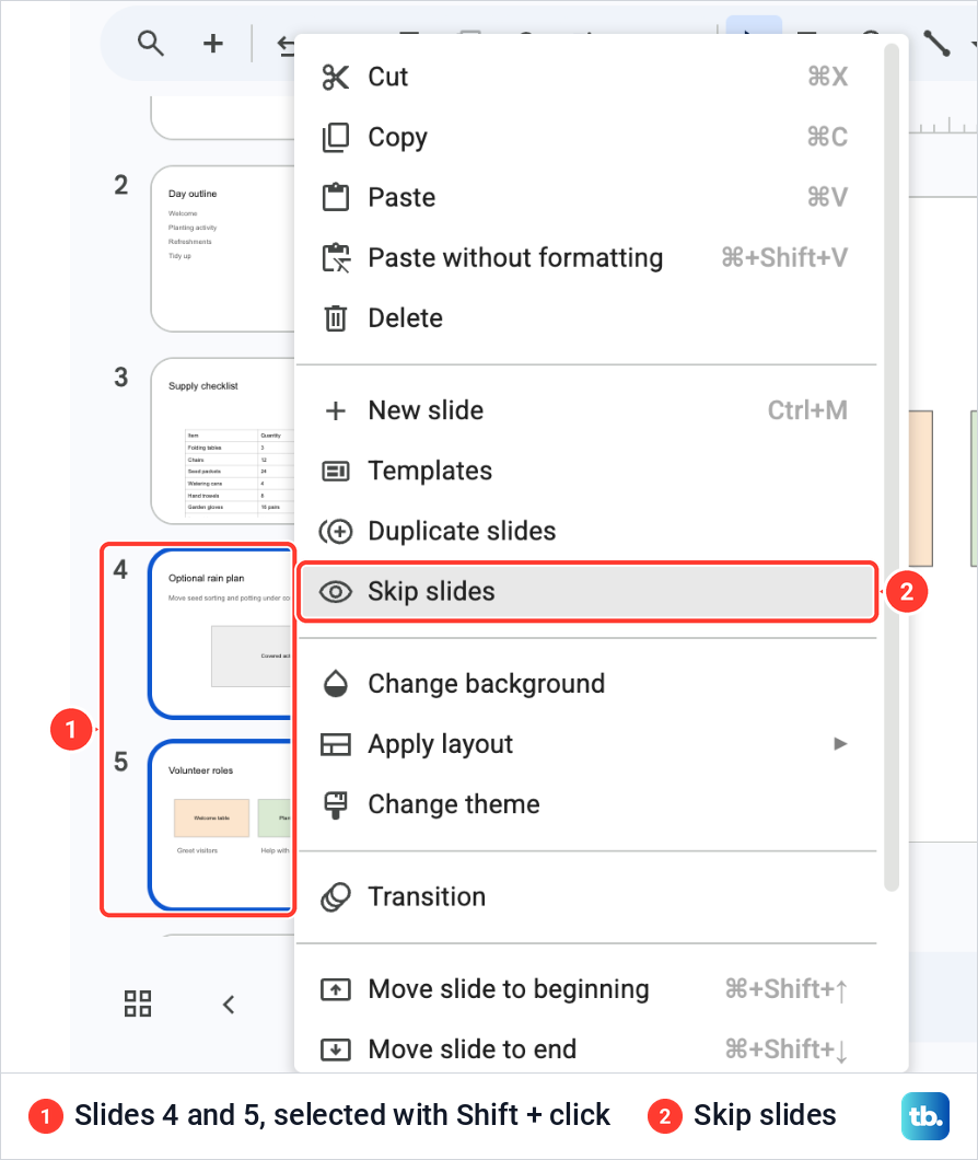 Two Google Slides thumbnails selected with Shift click and the right-click menu reading Skip slides.