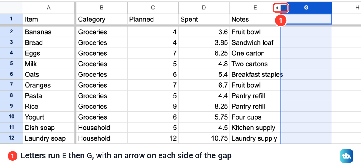 Google Sheets expenses table after hiding column F, with the column letters running E then G.