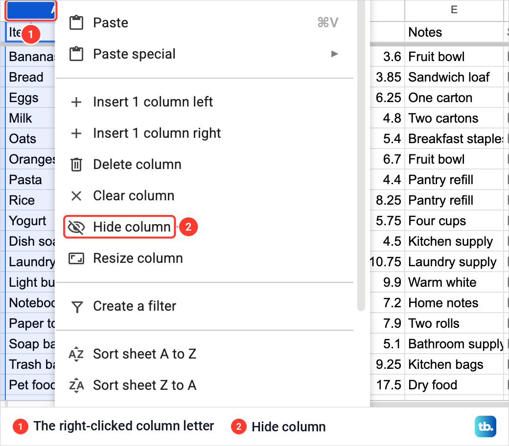 Google Sheets right-click menu on a column letter with Hide column between Clear column and Resize column.
