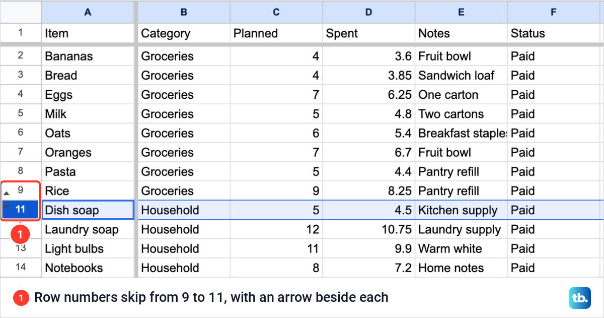 Google Sheets expenses table after hiding row 10, with the row numbers running 9 then 11.