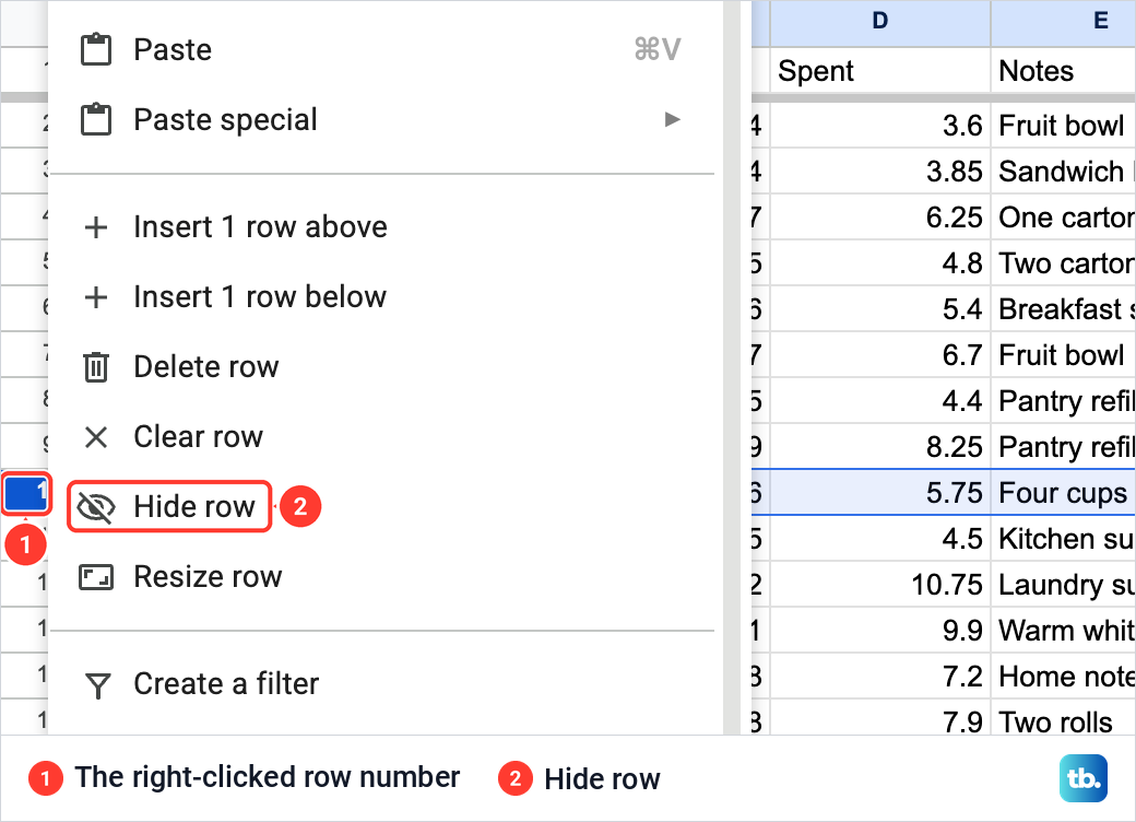 Google Sheets right-click menu for a row with Hide row between Clear row and Resize row.