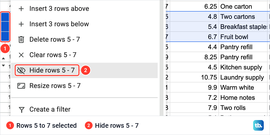 Google Sheets with rows 5 to 7 selected and the right-click menu offering Hide rows 5 - 7.