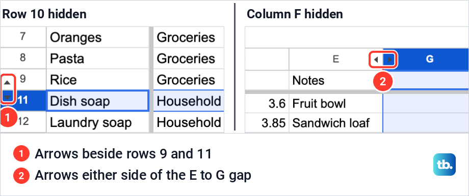 Close-up of the small unhide arrows beside Google Sheets row numbers and between column letters.