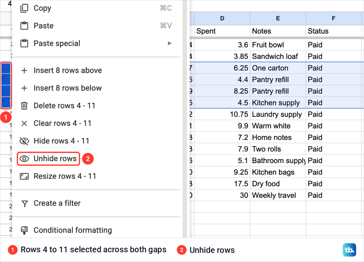 Google Sheets with rows 4 to 11 selected across two hidden gaps and the menu showing Unhide rows.